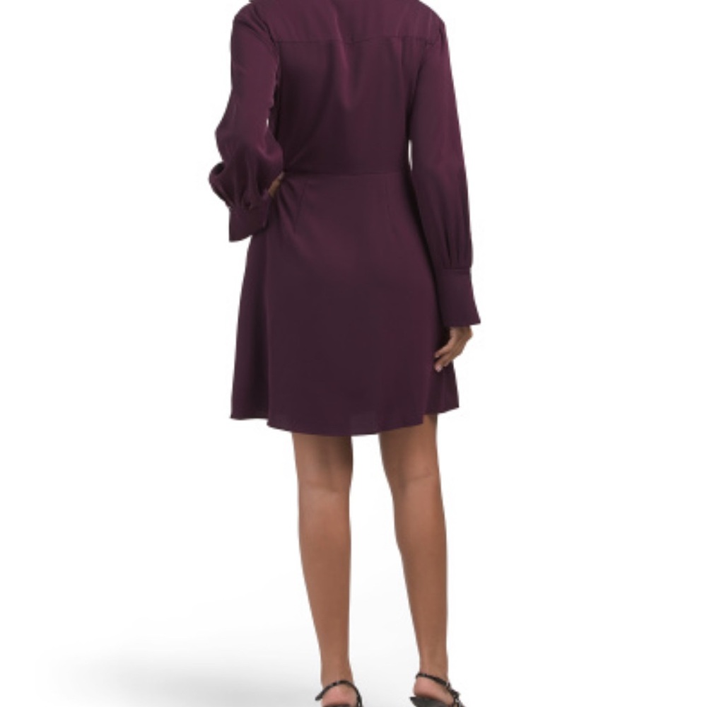 DKNY NWT Deep Purple Long Sleeve V-neck Wrap Mini Dress Ruched Collared Office - Picture 2 of 7